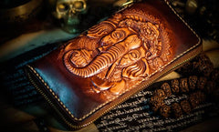 Handmade Leather Tooled Ganesh Mens Chain Biker Wallets Cool Leather Wallet Zipper Long Wallets for Men
