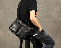 Leather Mens Cool Messenger Bag Black Shoulder Bag for men