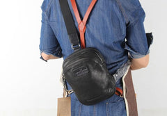 Genuine Small Black Leather Mens Cool Chest Bag Sling Bag Crossbody Pack for men