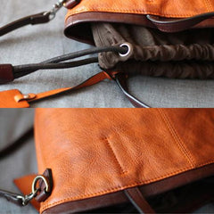 Leather Drawstring Bucket Bag Tan Bucket Shoulder Bag - Annie Jewel