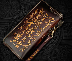 Handmade Leather Tooled Long Chinese Dragon Mens Chain Biker Wallet Cool Leather Wallet With Chain Wallets for Men