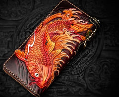 Handmade Leather Tooled Carp Mens Chain Biker Wallets Cool Leather Wallet Long Wallets for Men