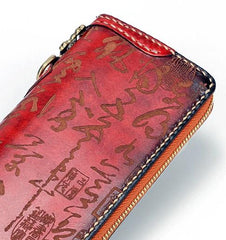 Handmade Leather Mens Chinese Handwriting Chain Biker Wallet Cool Leather Wallet Long Phone Wallets for Men