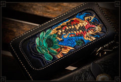 Handmade Leather Tooled Carp Mens Chain Biker Wallet Cool Leather Wallet Long Phone Wallets for Men