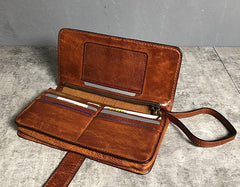 Handmade Genuine Leather Mens Cool Long Leather Wallet Biker Wallet Zipper Clutch Wristlet Wallet for Men