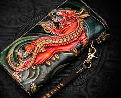 Handmade Leather Chinese Monster Mens Long Chain Biker Wallet Tooled Leather Wallet With Chain Wallets for Men