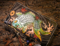 Handmade Leather Carp Mens Chain Biker Wallet Cool Leather Long Wallet for Men