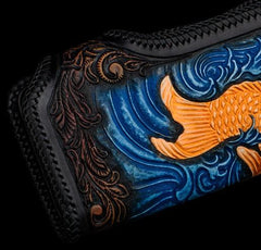 Handmade Leather Carp Tooled Long Mens Chain Biker Wallets Cool Leather Wallet With Chain Wallets for Men