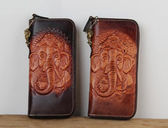 Handmade Leather Ganesha Tooled Biker Chain Mens Long Wallet Cool Leather Wallet Clutch Wallet for Men