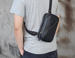 Genuine Black Leather Mens Cool Sling Pack Chest Bag Sling Bag Crossbody Pack for men