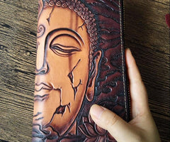 Handmade Leather Buddha&Demon Tooled Mens Long Wallet Cool Leather Wallet Clutch Wallet for Men