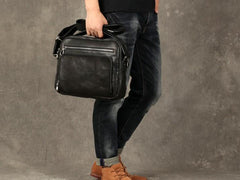 Black Leather Mens Cool Messenger Bags Work Bag Business Bag for men
