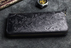Handmade long leather wallets floral Zipper leather clutch wallet for women men