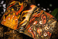 Handmade leather tooled lion wallet clutch black billfold wallet brown leather men - EverHandmade