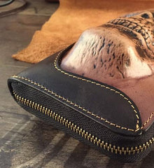 Handmade Genuine Leather Mens Clutch Cool Long Wallet Skull Zipper Clutch Wristlet Wallet for Men