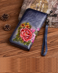 Vintage Flowers Gray Leather Wristlet Wallet Womens Zip Around Wallets Flowers Ladies Zipper Clutch Wallet for Women