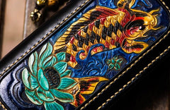 Handmade Leather Tooled Carp Mens Chain Biker Wallet Cool Leather Wallets Long Wallets for Men