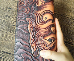 Handmade Leather Buddha&Demon Tooled Mens Long Wallet Cool Leather Wallet Clutch Wallet for Men