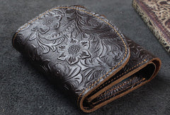 Handmade billfold trifold leather wallet flowral leather billfold wallet for men women - EverHandmade