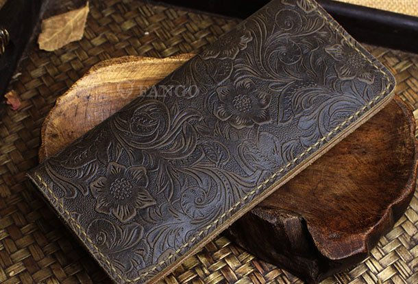 Handmade long leather wallet floral leather clutch wallet for women men - EverHandmade