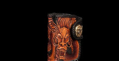 Handmade Leather Tooled Chinese Dragon Biker Wallet Mens Cool billfold Chain Wallet Trucker Wallet with Chain