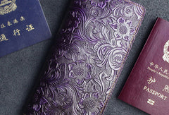 Handmade long leather wallet floral passport leather clutch wallet for women men zip