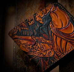 Handmade Leather Chinese Black&White Tooled Small Wallet Mens billfold Wallet Cool Leather Wallet for Men