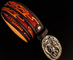 Handmade Leather Tooled Chinese Dragon Mens Belt Custom Cool Leather Men Belts for Men
