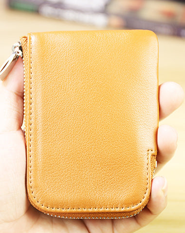 Women Leather Mini Zip Wallet Yellow Brown Billfold Slim Coin Wallets Small Zip Change Wallet For Women