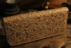 Handmade long leather wallet floral leather clutch wallet for women men zipper