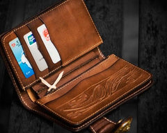 Handmade Leather Tooled Skull Indian Chief Biker Wallets Mens Cool billfold Chain Wallet Trucker Wallet with Chain