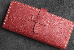 Handmade long leather wallet floral leather clutch wallet for women men zip - EverHandmade