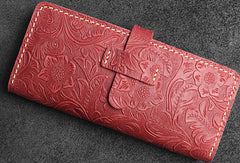 Handmade long leather wallet floral leather clutch wallet for women men zip