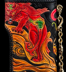 Handmade Leather Monster Mens Chain Biker Wallets Cool Tooled Leather Wallet Long Wallets for Men