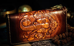 Handmade Leather Tooled Ganesh Mens Chain Biker Wallets Cool Leather Wallet Zipper Long Wallets for Men