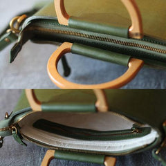Green Leather Handbags Wooden Top Round Handle Satchel Bag - Annie Jewel