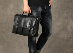 Genuine Leather Mens Cool Black Briefcase Work Bag Business Bag for men