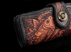 Handmade Leather Tooled Long Carp Mens Chain Biker Wallets Cool Leather Wallet With Chain Wallets for Men