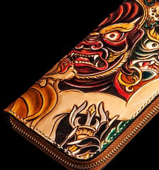 Handmade Leather Tooled Mahākāla Mens Zipper Long Wallet Cool Leather Wristlet Wallet for Men