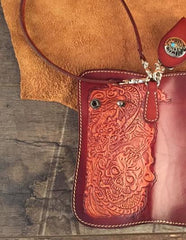 Handmade Leather Tooled Skull Mens Chain Biker Wallet Cool Leather Wallet Long Wallet for Men