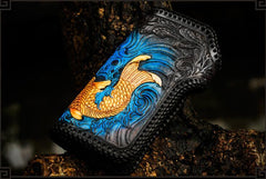 Handmade Leather Tooled Carp Mens Biker Chain Wallet Cool Leather Wallet Long Phone Wallets for Men