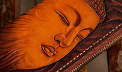 Handmade Leather Mens Tooled Buddha&Demon Chain Biker Wallet Cool Leather Wallet Long Clutch Wallets for Men