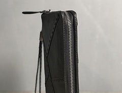 Handmade Genuine Leather Mens Cool Long Leather Wallet Biker Wallet Zipper Clutch Wristlet Wallet for Men