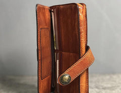 Handmade Genuine Leather Mens Cool Long Leather Wallet Biker Wallet Zipper Clutch Wristlet Wallet for Men