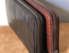 Genuine Leather Mens Cool Long Leather Wallet Zipper Clutch Wristlet Wallet for Men
