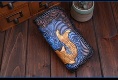 Handmade Leather Long Black Biker Wallet Leather Chain Wallet Men Red Carp Tooled Wallets - EverHandmade