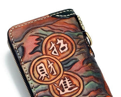 Handmade Leather Fortune Pixiu Mens Chain Biker Wallet Cool Leather Wallet With Chain Wallets for Men