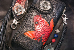 Handmade Leather Long Black Biker Wallet Trucker Wallet Leather Chain Men Red Carp Tooled Wallet - EverHandmade