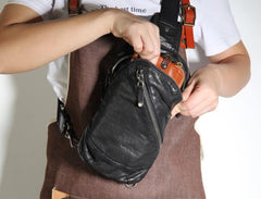Handmade Genuine Leather Mens Cool Chest Bag Sling Bag Crossbody Bag Travel Bag Hiking Bag for men