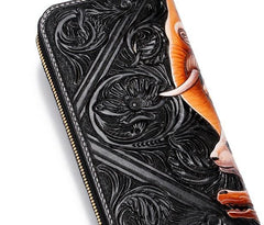 Handmade Leather Tooled The Animals Mens Chain Zipper Biker Wallet Cool Leather Wallet Long Phone Wallets for Men